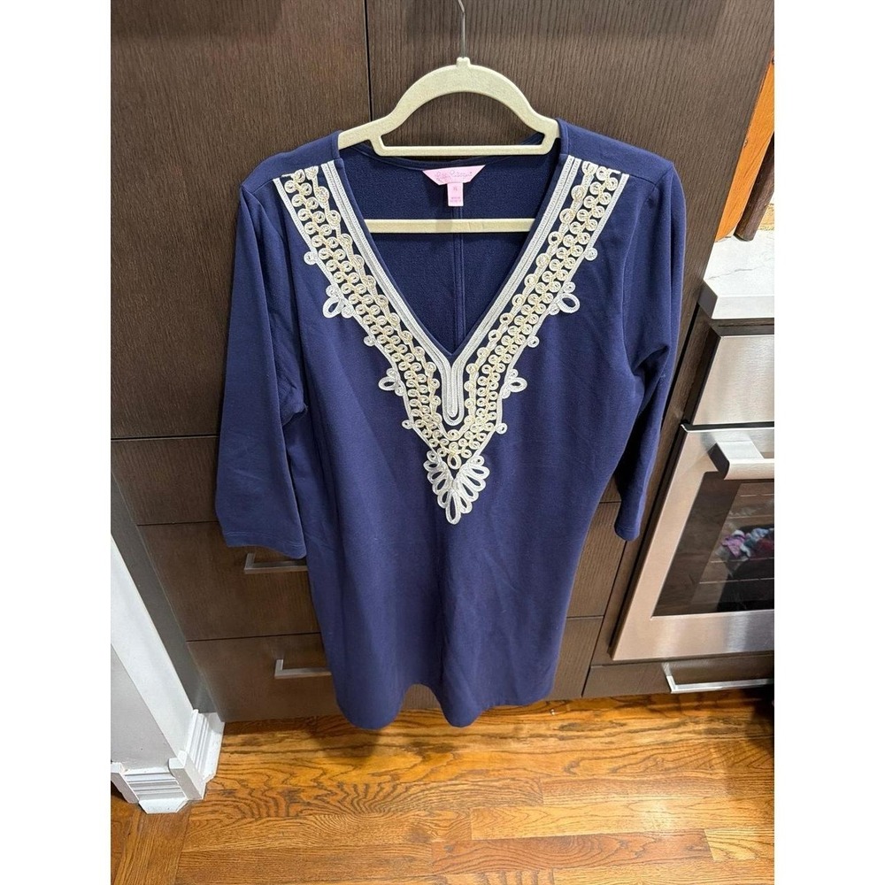 Pulitzer Clarkson dress white gold embroidered scroll detailing navy dress XL
